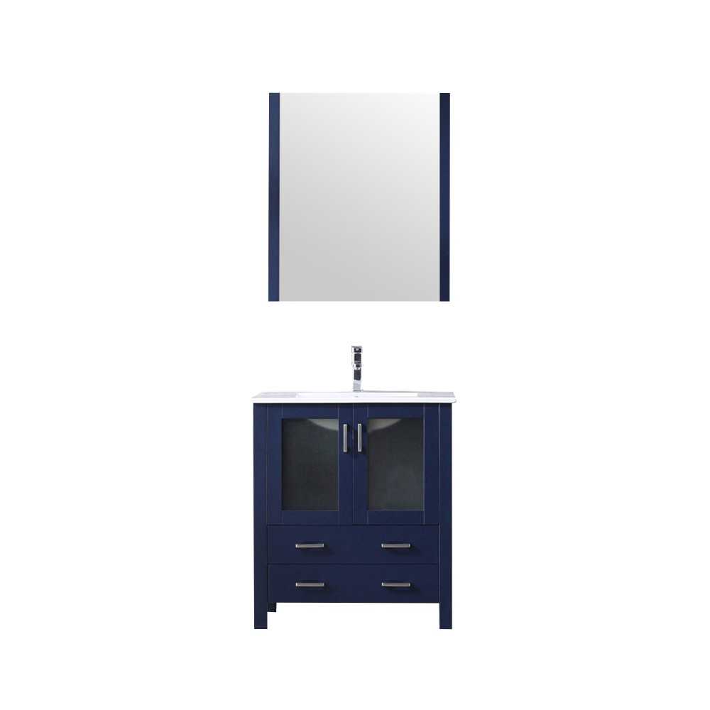 Volez 30" Navy Blue Single Vanity, Integrated Top, White Integrated Square Sink and 28" Mirror w/ Faucet