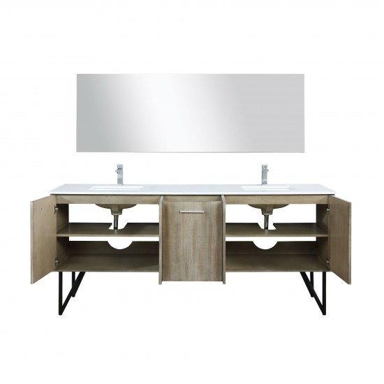 Lancy 80" Rustic Acacia Double Vanity, White Quartz Top, Square Sinks, Labaro Rose Gold Faucet Set, and 70" Mirror