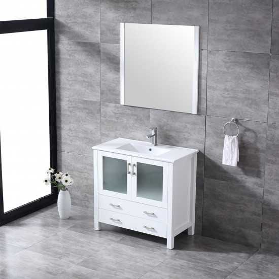 Volez 36" White Single Vanity, Integrated Top, White Integrated Square Sink and 34" Mirror w/ Faucet