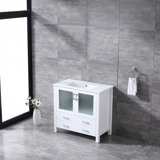 Volez 36" White Single Vanity, Integrated Top, White Integrated Square Sink and no Mirror