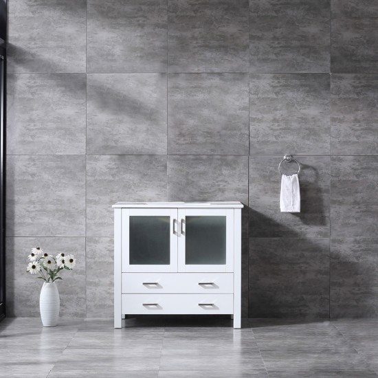 Volez 36" White Single Vanity, Integrated Top, White Integrated Square Sink and no Mirror