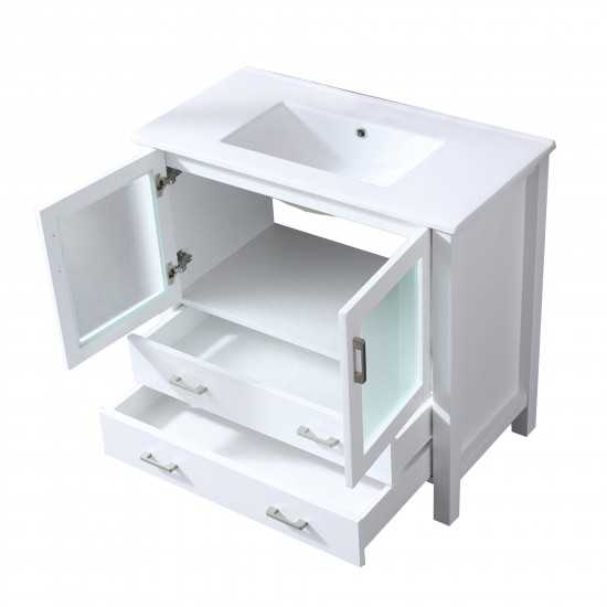 Volez 36" White Single Vanity, Integrated Top, White Integrated Square Sink and no Mirror