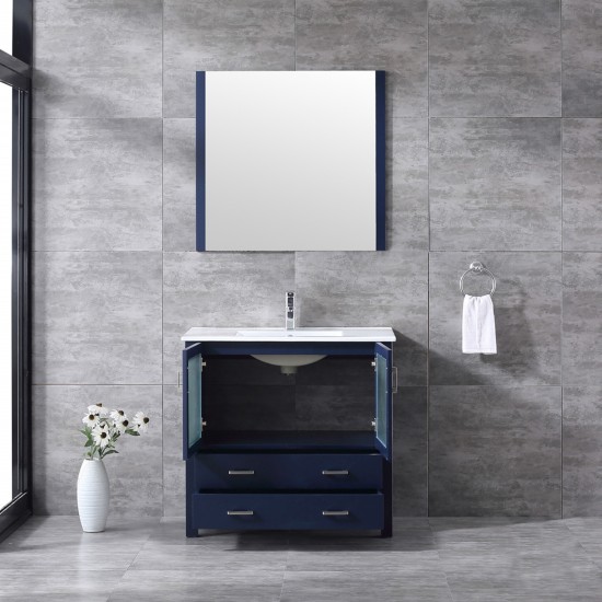 Volez 36" Navy Blue Single Vanity, Integrated Top, White Integrated Square Sink and 34" Mirror w/ Faucet