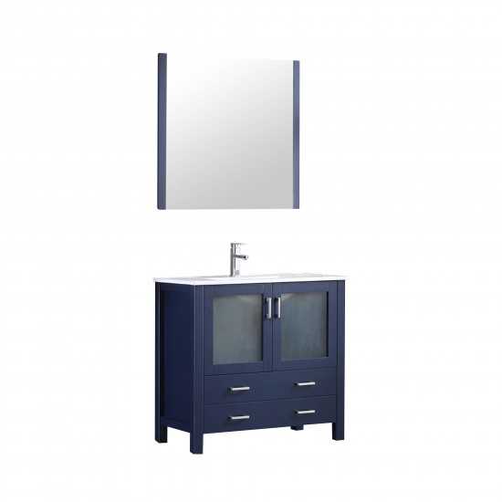 Volez 36" Navy Blue Single Vanity, Integrated Top, White Integrated Square Sink and 34" Mirror w/ Faucet