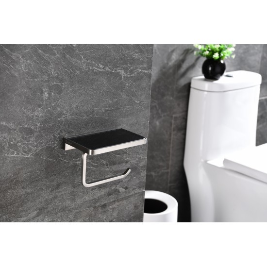 Bagno Bianca Stainless Steel Black Glass Shelf w/ Toilet Paper Holder - Brushed Nickel