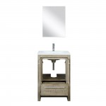 Lafarre 24" Rustic Acacia Vanity, White Quartz Top, White Square Sink, Balzani Gun Metal Faucet Set, and 18" Frameless Mirror