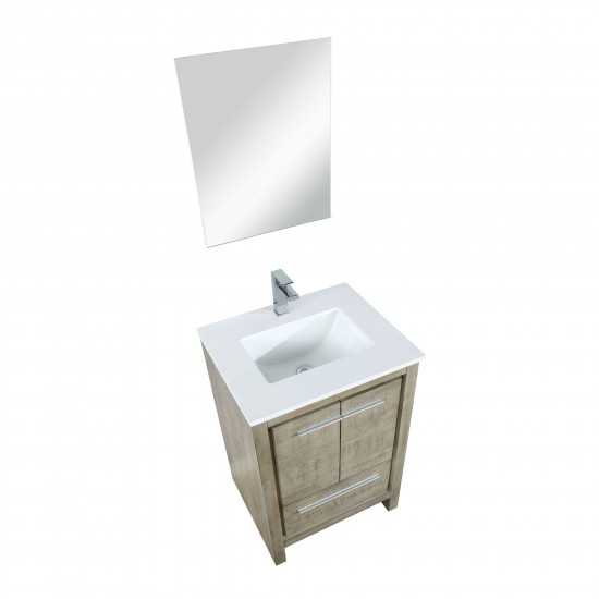 Lafarre 24" Rustic Acacia Vanity, White Quartz Top, White Square Sink, Balzani Gun Metal Faucet Set, and 18" Frameless Mirror