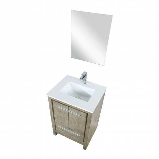 Lafarre 24" Rustic Acacia Vanity, White Quartz Top, White Square Sink, Balzani Gun Metal Faucet Set, and 18" Frameless Mirror