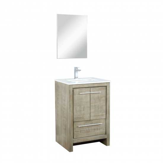 Lafarre 24" Rustic Acacia Vanity, White Quartz Top, White Square Sink, Balzani Gun Metal Faucet Set, and 18" Frameless Mirror