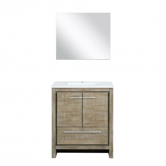 Lafarre 30" Rustic Acacia Bathroom Vanity, White Quartz Top, White Square Sink, and 28" Frameless Mirror