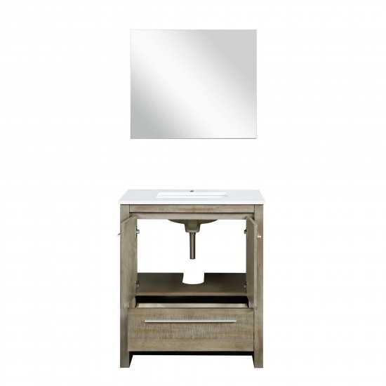 Lafarre 30" Rustic Acacia Bathroom Vanity, White Quartz Top, White Square Sink, and 28" Frameless Mirror