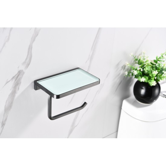 Bagno Bianca Stainless Steel White Glass Shelf w/ Toilet Paper Holder - Gun Metal