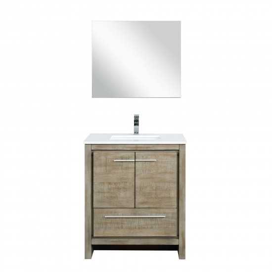 Lafarre 30" Rustic Acacia Vanity, White Quartz Top, White Square Sink, Monte Chrome Faucet Set, and 28" Frameless Mirror