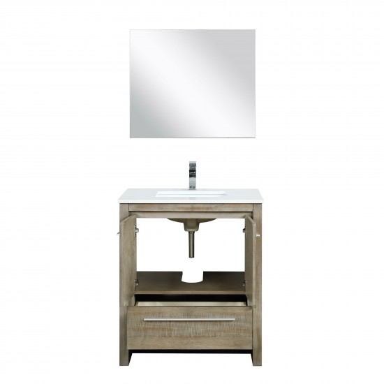 Lafarre 30" Rustic Acacia Vanity, White Quartz Top, White Square Sink, Monte Chrome Faucet Set, and 28" Frameless Mirror