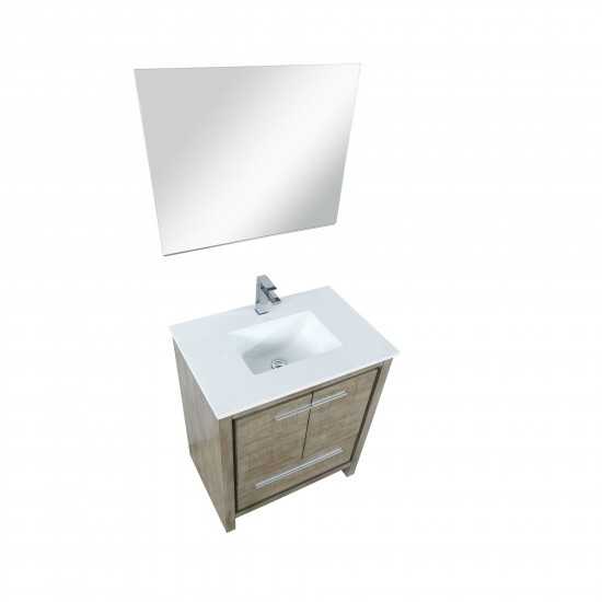 Lafarre 30" Rustic Acacia Vanity, White Quartz Top, White Square Sink, Monte Chrome Faucet Set, and 28" Frameless Mirror