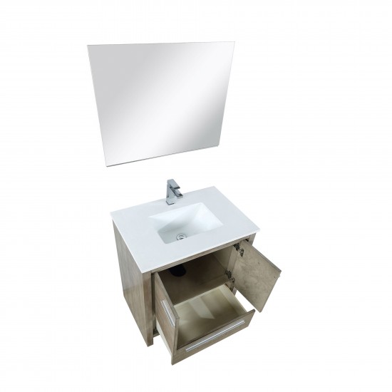 Lafarre 30" Rustic Acacia Vanity, White Quartz Top, White Square Sink, Monte Chrome Faucet Set, and 28" Frameless Mirror