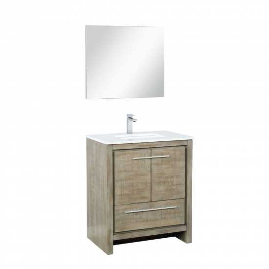 Lafarre 30" Rustic Acacia Vanity, White Quartz Top, White Square Sink, Monte Chrome Faucet Set, and 28" Frameless Mirror
