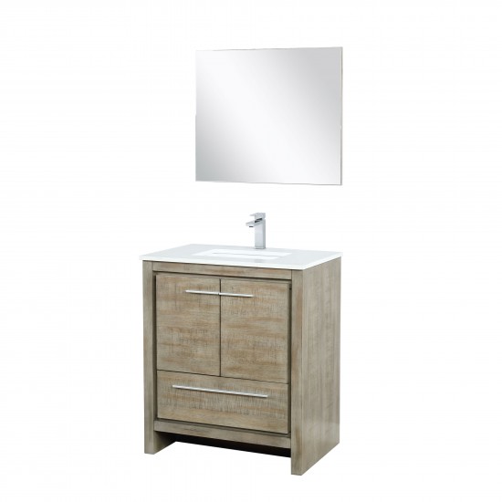 Lafarre 30" Rustic Acacia Vanity, White Quartz Top, White Square Sink, Monte Chrome Faucet Set, and 28" Frameless Mirror