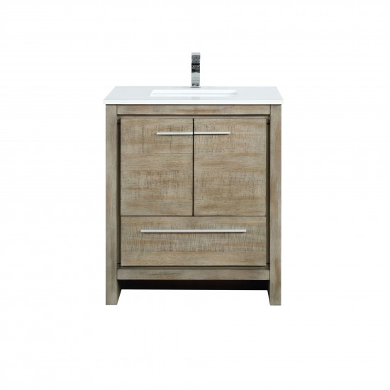 Lafarre 30" Rustic Acacia Bathroom Vanity, White Quartz Top, White Square Sink, and Labaro Brushed Nickel Faucet Set