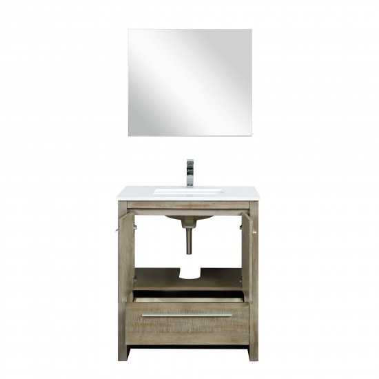 Lafarre 30" Rustic Acacia Vanity, White Quartz Top, Square Sink, Labaro Brushed Nickel Faucet Set, and 28" Mirror