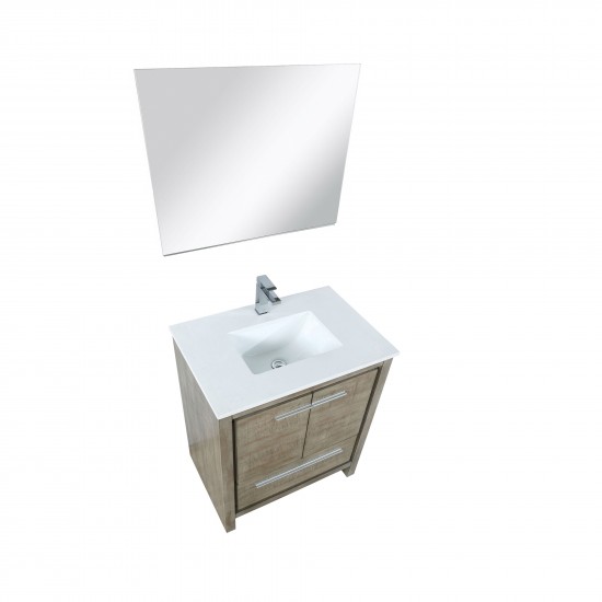 Lafarre 30" Rustic Acacia Vanity, White Quartz Top, Square Sink, Labaro Brushed Nickel Faucet Set, and 28" Mirror