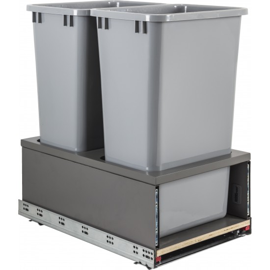 Double 50qt Metal Drawerbox Trashcan Pullout with Grey Bins