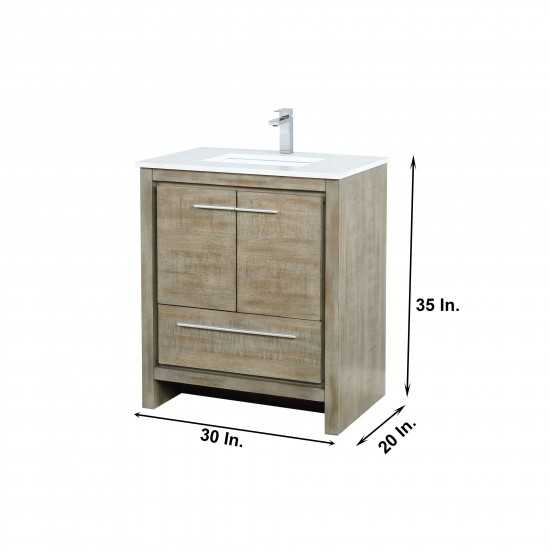 Lafarre 30" Rustic Acacia Vanity, White Quartz Top, Square Sink, Labaro Brushed Nickel Faucet Set, and 28" Mirror