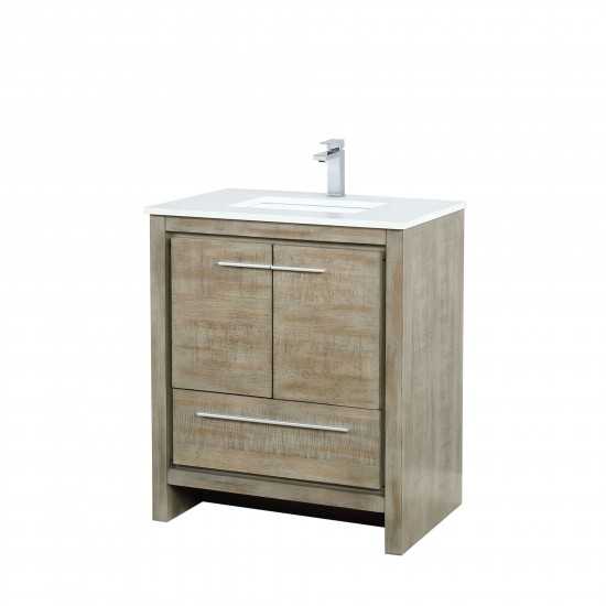 Lafarre 30" Rustic Acacia Bathroom Vanity, White Quartz Top, White Square Sink, and Labaro Rose Gold Faucet Set