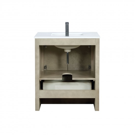 Lafarre 30" Rustic Acacia Bathroom Vanity, White Quartz Top, White Square Sink, and Labaro Rose Gold Faucet Set