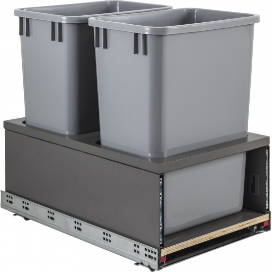 Double 35qt Metal Drawerbox Trashcan Pullout with Grey Bins