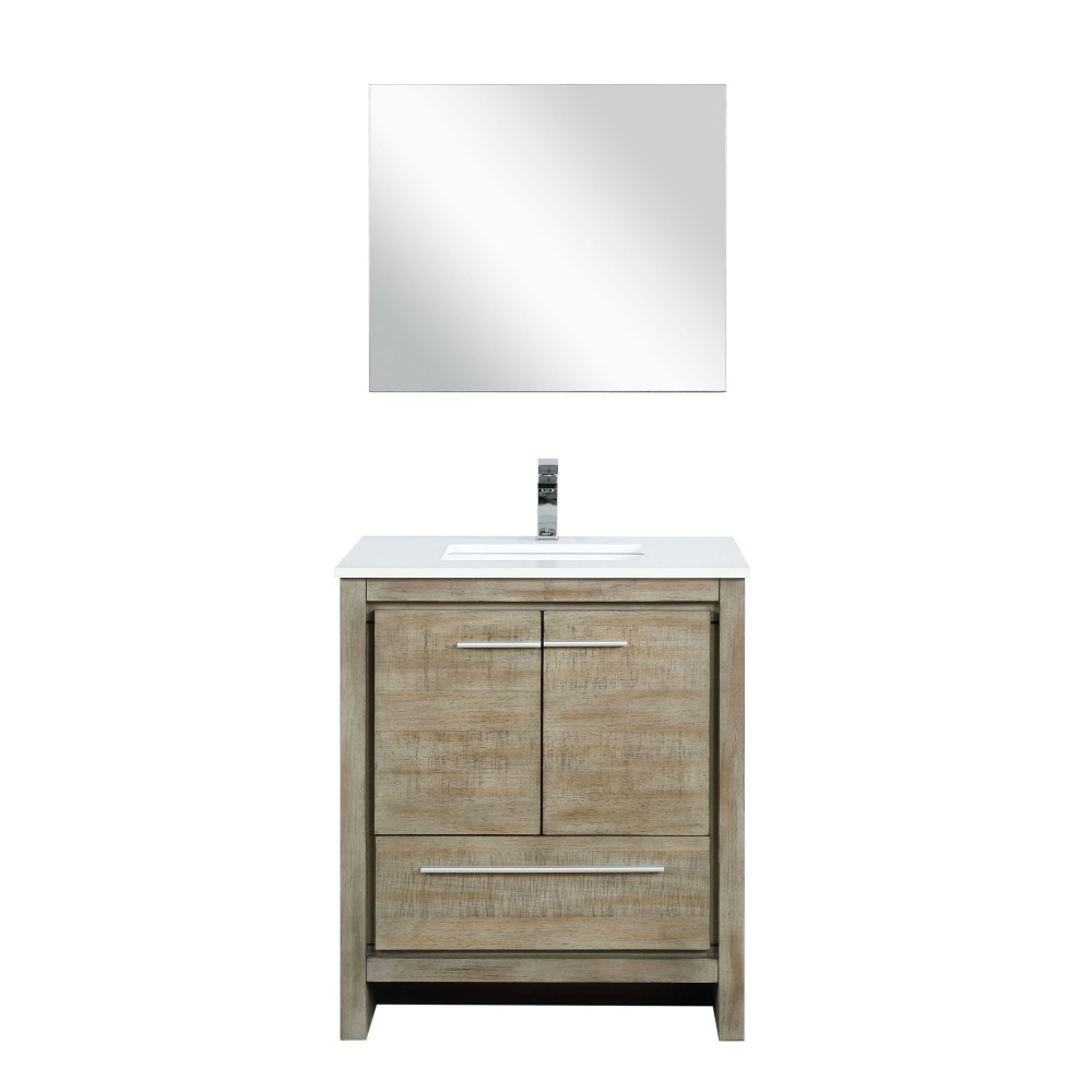 Lafarre 30" Rustic Acacia Vanity, White Quartz Top, White Square Sink, Labaro Rose Gold Faucet Set, and 28" Frameless Mirror