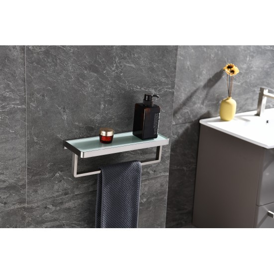 Bagno Bianca Stainless Steel White Glass Shelf w/ Towel Bar - Brushed Nickel