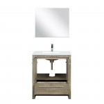 Lafarre 30" Rustic Acacia Vanity, White Quartz Top, White Square Sink, Labaro Rose Gold Faucet Set, and 28" Frameless Mirror