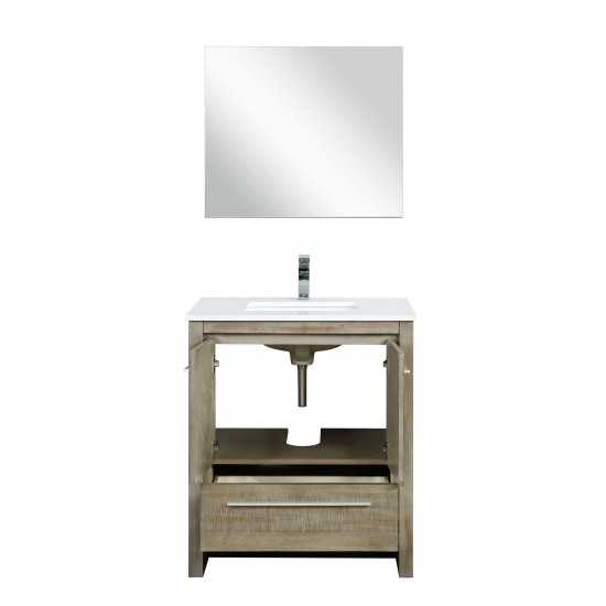 Lafarre 30" Rustic Acacia Vanity, White Quartz Top, White Square Sink, Balzani Gun Metal Faucet Set, and 28" Frameless Mirror