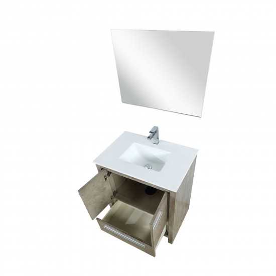 Lafarre 30" Rustic Acacia Vanity, White Quartz Top, White Square Sink, Balzani Gun Metal Faucet Set, and 28" Frameless Mirror