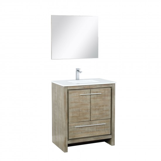 Lafarre 30" Rustic Acacia Vanity, White Quartz Top, White Square Sink, Balzani Gun Metal Faucet Set, and 28" Frameless Mirror