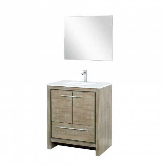 Lafarre 30" Rustic Acacia Vanity, White Quartz Top, White Square Sink, Balzani Gun Metal Faucet Set, and 28" Frameless Mirror