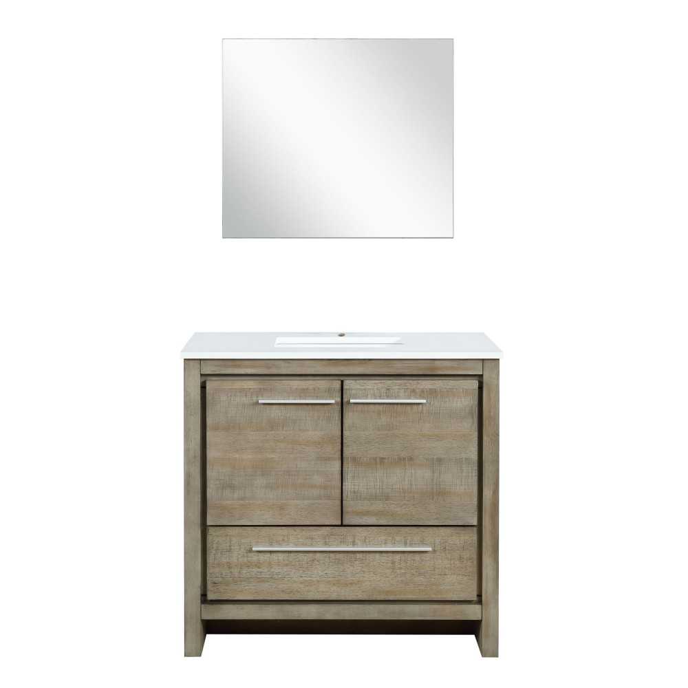 Lafarre 36" Rustic Acacia Bathroom Vanity, White Quartz Top, White Square Sink, and 28" Frameless Mirror