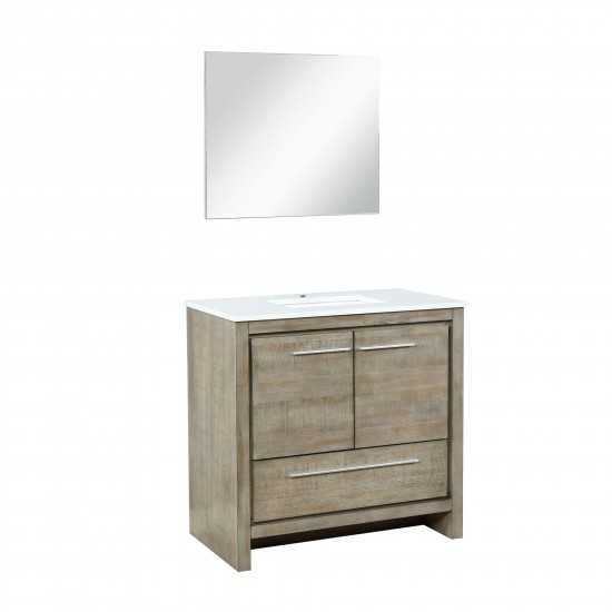 Lafarre 36" Rustic Acacia Bathroom Vanity, White Quartz Top, White Square Sink, and 28" Frameless Mirror