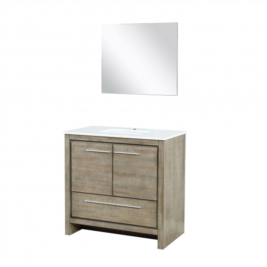 Lafarre 36" Rustic Acacia Bathroom Vanity, White Quartz Top, White Square Sink, and 28" Frameless Mirror