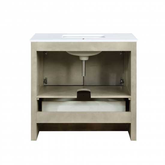 Lafarre 36" Rustic Acacia Bathroom Vanity, White Quartz Top, White Square Sink, and 28" Frameless Mirror