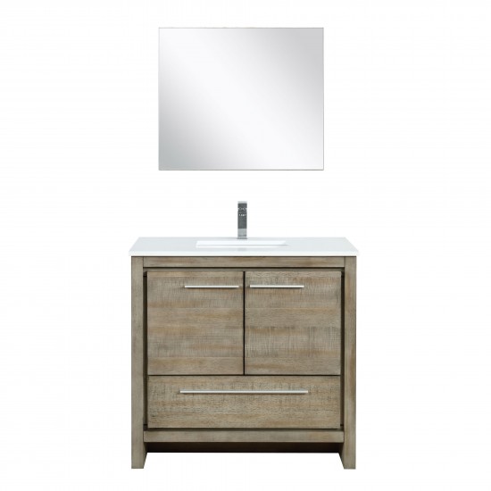 Lafarre 36" Rustic Acacia Vanity, White Quartz Top, White Square Sink, Monte Chrome Faucet Set, and 28" Frameless Mirror