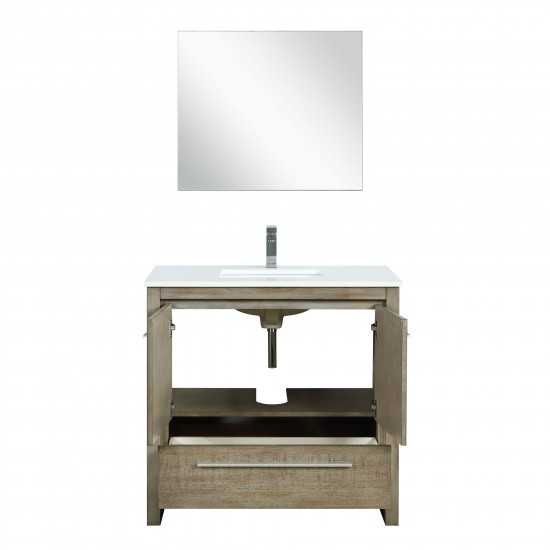 Lafarre 36" Rustic Acacia Vanity, White Quartz Top, White Square Sink, Monte Chrome Faucet Set, and 28" Frameless Mirror