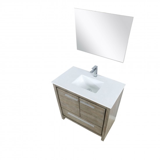 Lafarre 36" Rustic Acacia Vanity, White Quartz Top, White Square Sink, Monte Chrome Faucet Set, and 28" Frameless Mirror
