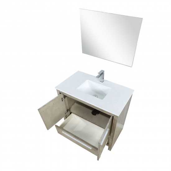 Lafarre 36" Rustic Acacia Vanity, White Quartz Top, White Square Sink, Monte Chrome Faucet Set, and 28" Frameless Mirror