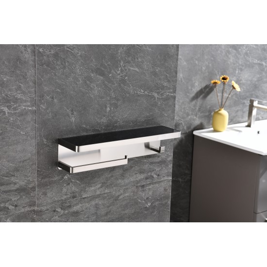 Bagno Bianca Stainless Steel Black Glass Shelf w/ Towel Bar & Robe Hook - Brushed Nickel