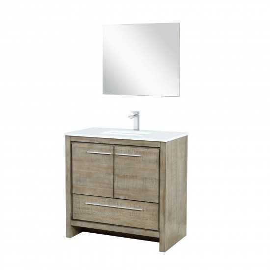 Lafarre 36" Rustic Acacia Vanity, White Quartz Top, White Square Sink, Monte Chrome Faucet Set, and 28" Frameless Mirror