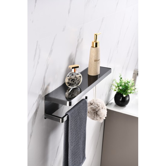 Bagno Bianca Stainless Steel Black Glass Shelf w/ Towel Bar & Robe Hook - Gun Metal