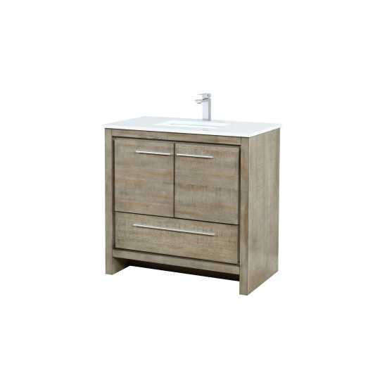 Lafarre 36" Rustic Acacia Bathroom Vanity, White Quartz Top, White Square Sink, and Labaro Brushed Nickel Faucet Set