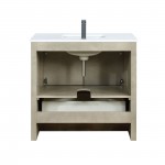 Lafarre 36" Rustic Acacia Bathroom Vanity, White Quartz Top, White Square Sink, and Labaro Brushed Nickel Faucet Set